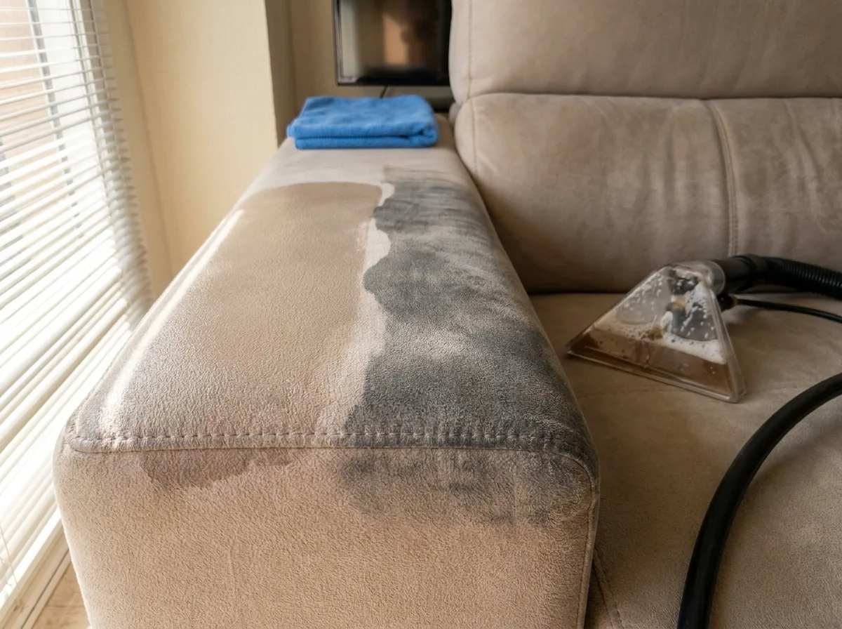 Reposabrazos de sofá gris limpiado a medias, con la mitad tratada y la mitad sucia para ver la diferencia