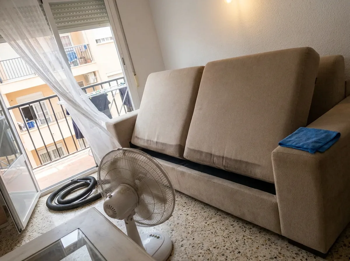 Sofá de tela en un salón de Valencia secándose con las ventanas abiertas y un ventilador apuntando al asiento
