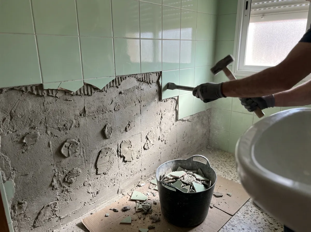 Pared de baño a medio picar, con azulejos verdes viejos arriba y el mortero gris al descubierto abajo, un cincel y una maza en el suelo y un capazo de escombro