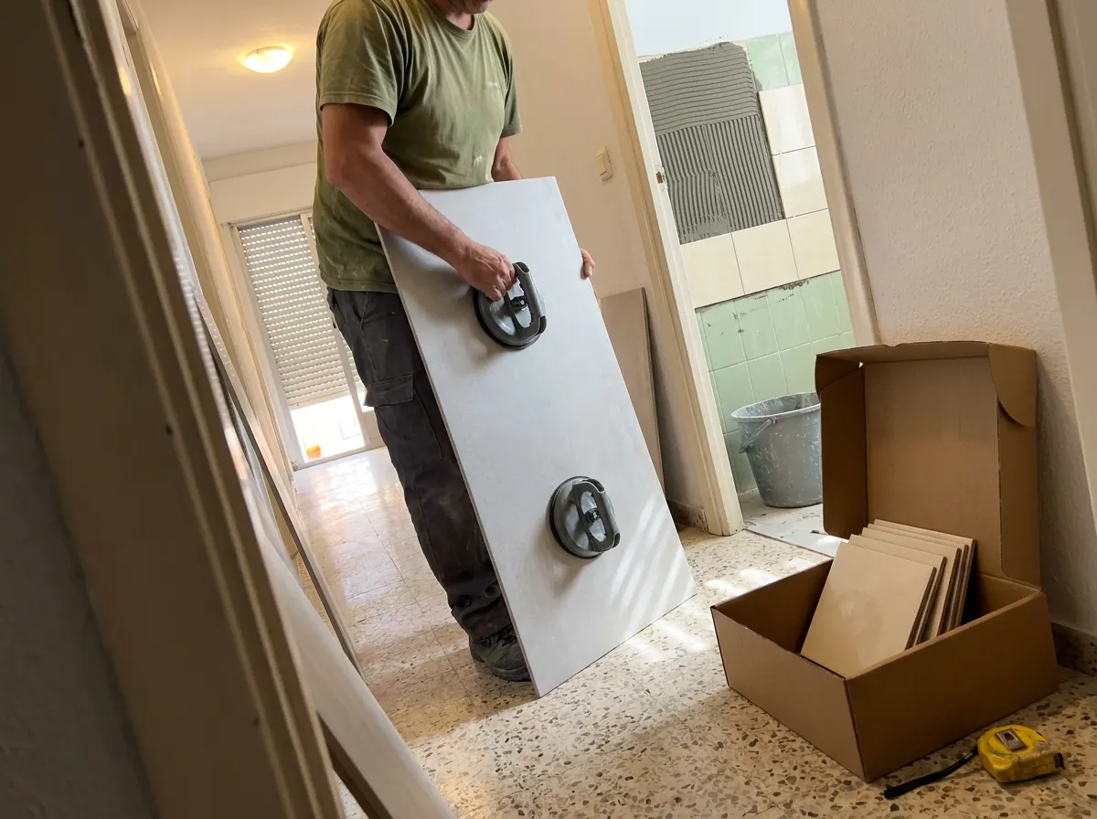 Hombre llevando por el pasillo una pieza de porcelánico gris de gran formato agarrada con dos ventosas, junto a una caja abierta de azulejos pequeños