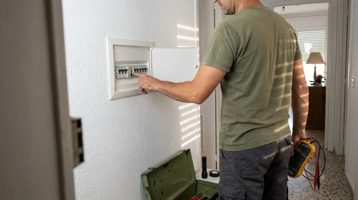 Electricista pulsando el botón de prueba del interruptor diferencial en un cuadro eléctrico abierto en el pasillo de un piso de Valencia
