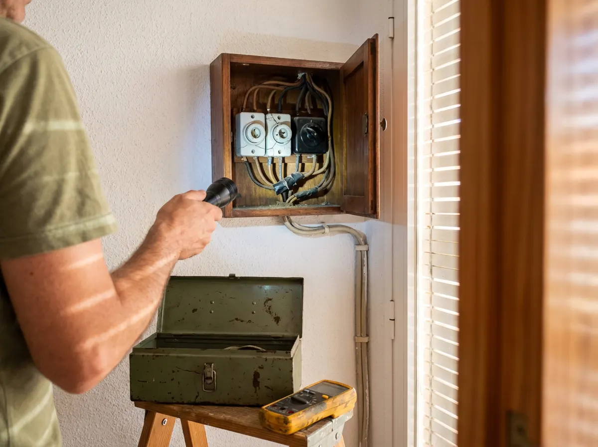 Cuadro eléctrico antiguo con fusibles de porcelana y cables forrados de tela dentro de una caja de madera en la entrada de un piso
