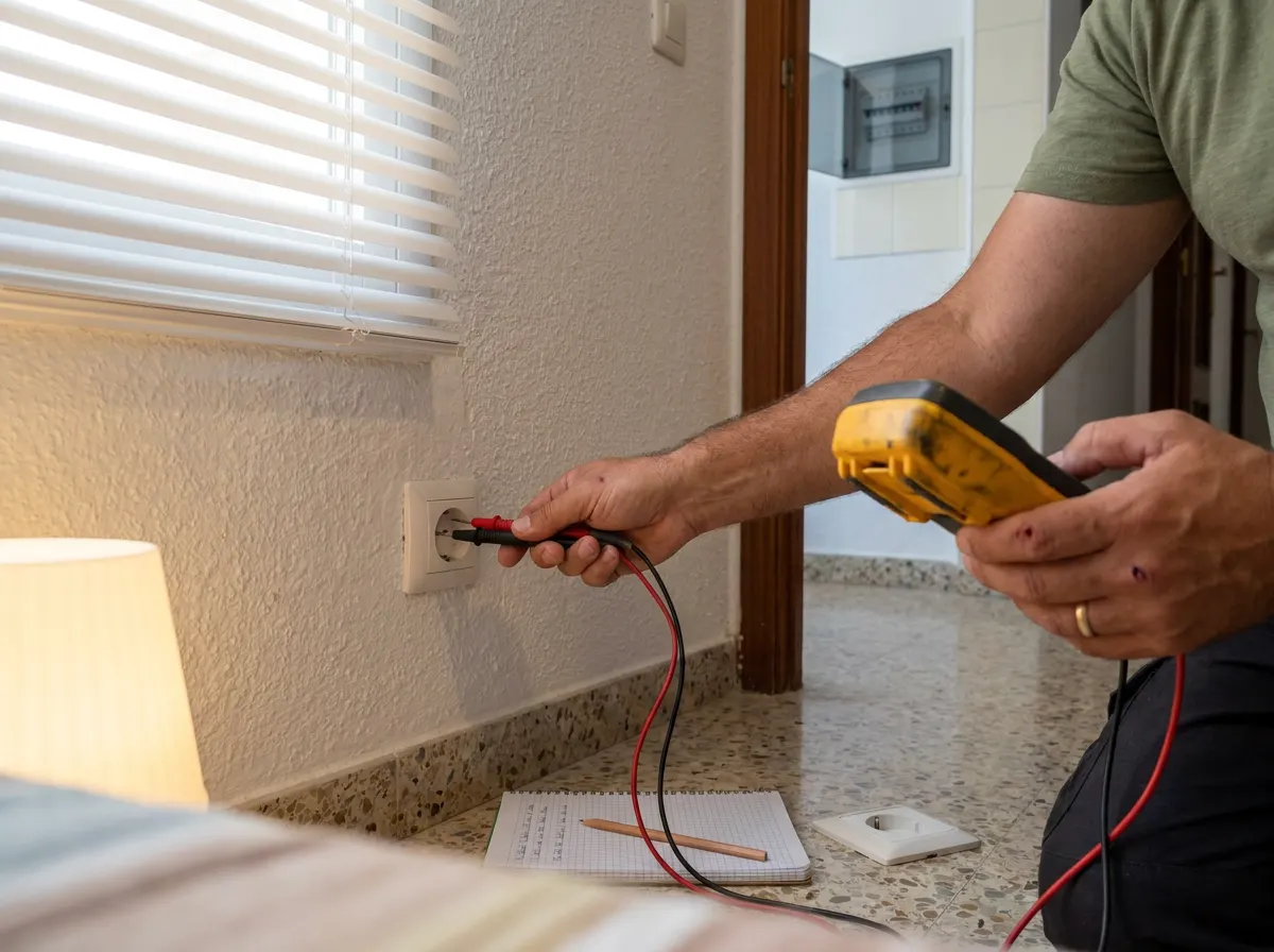 Mano de un electricista midiendo un enchufe con las puntas de un comprobador mientras el cuadro eléctrico está abierto al fondo