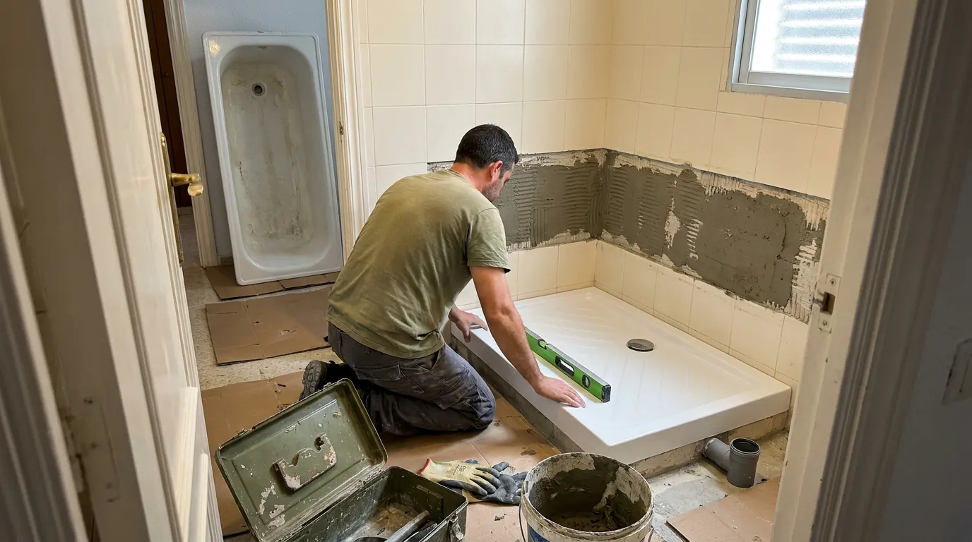 Hombre nivelando un plato de ducha de resina blanco en el hueco donde estaba la bañera, en un baño alicatado en crema de un piso de Valencia