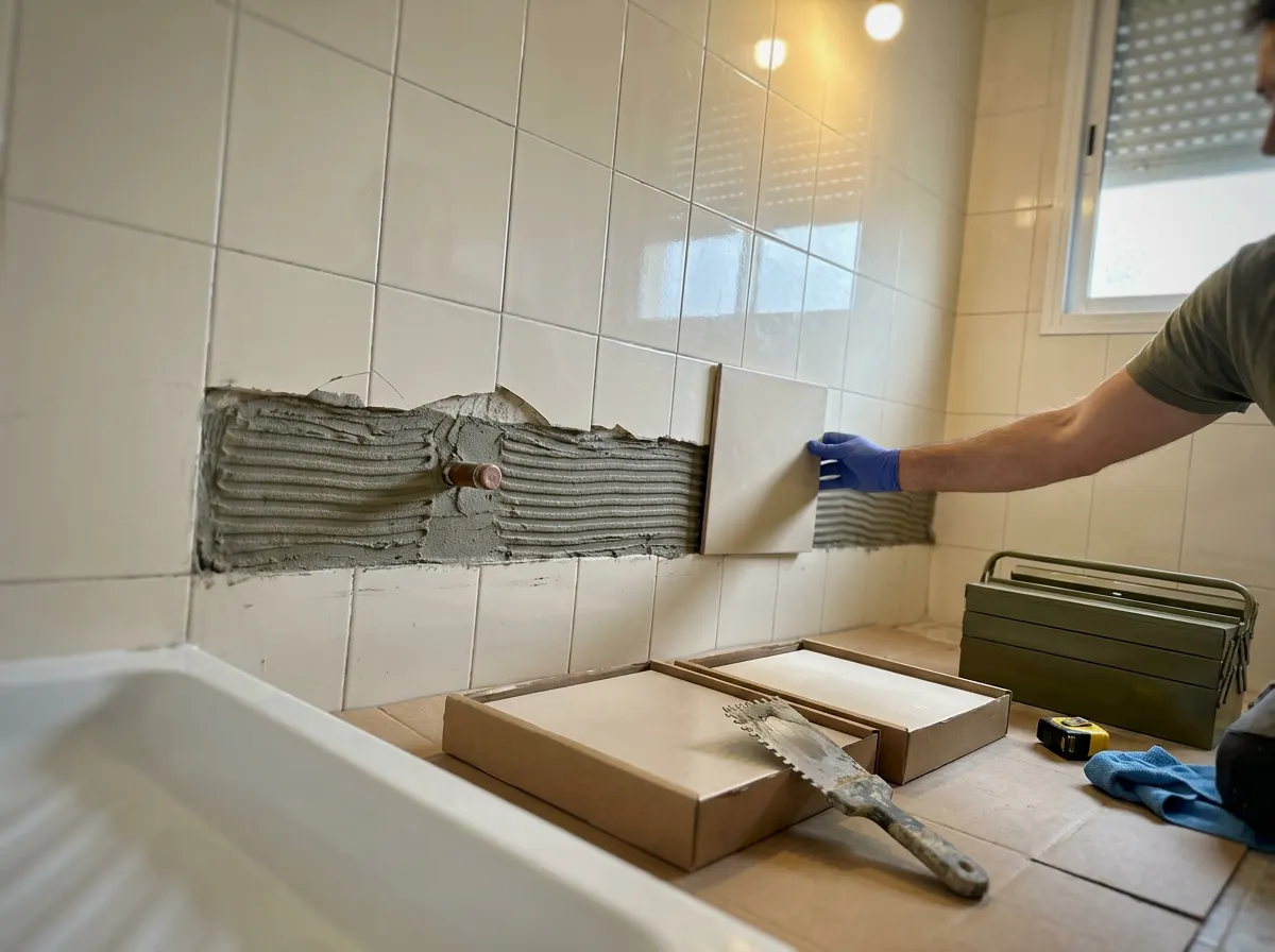 Pared de baño con una franja de mortero gris al descubierto donde estaba la bañera, entre azulejos crema antiguos y unas cajas de azulejo nuevo