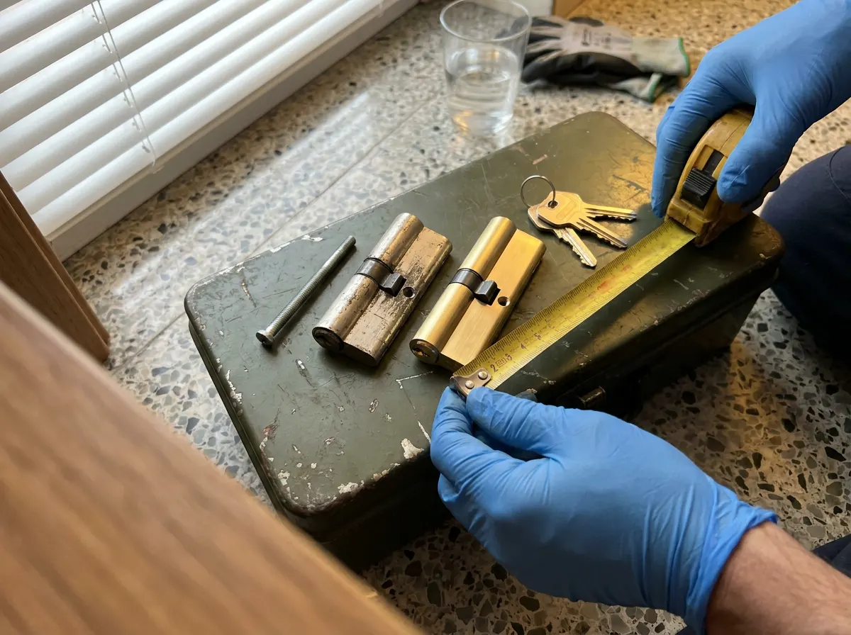 Bombín viejo y gastado junto a uno nuevo de latón con sus llaves sobre la tapa de una caja de herramientas, con un metro amarillo midiendo el nuevo