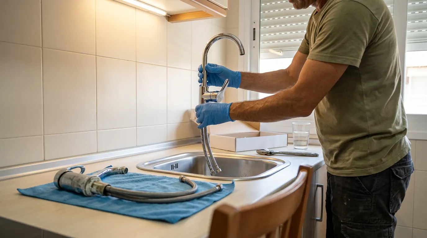 Manos con guantes azules metiendo un grifo monomando cromado nuevo en el fregadero de una cocina con azulejos crema, con el grifo viejo y sus latiguillos sobre un trapo azul