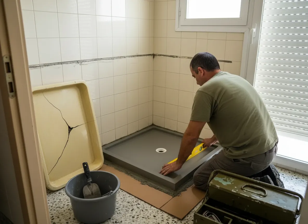 Hueco de ducha con el plato viejo, amarillento y rajado, apoyado contra la pared y el plato nuevo de resina gris ya colocado sobre la base