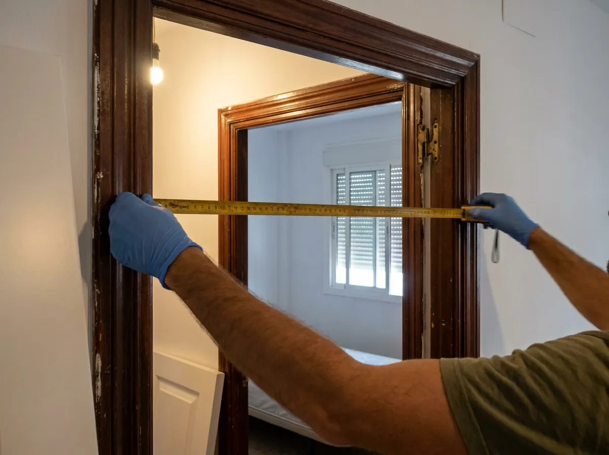 Manos con guantes azules midiendo con un metro amarillo el ancho del marco de una puerta antigua de madera en un pasillo con suelo de terrazo