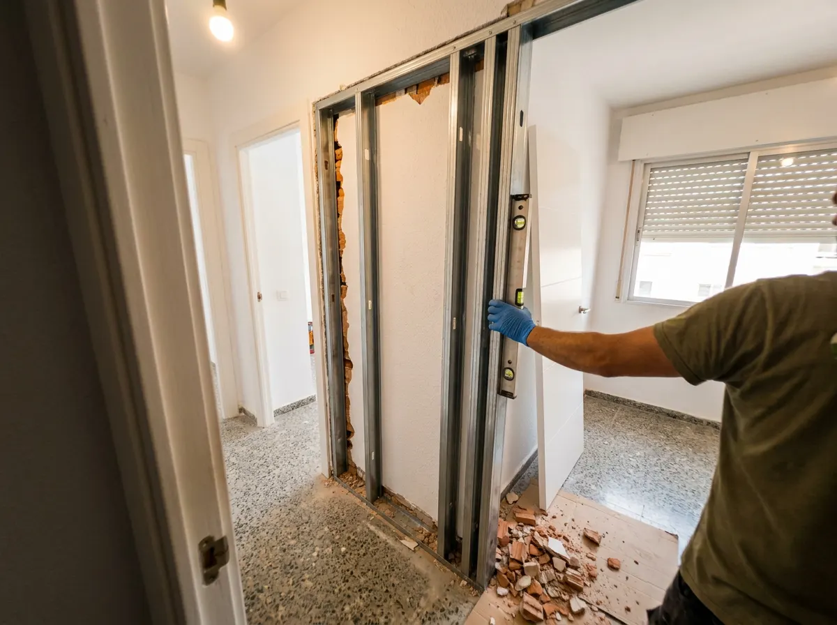 Tabique abierto con el armazón metálico de una puerta corredera empotrada dentro, la hoja apoyada al lado y escombro de ladrillo en el suelo
