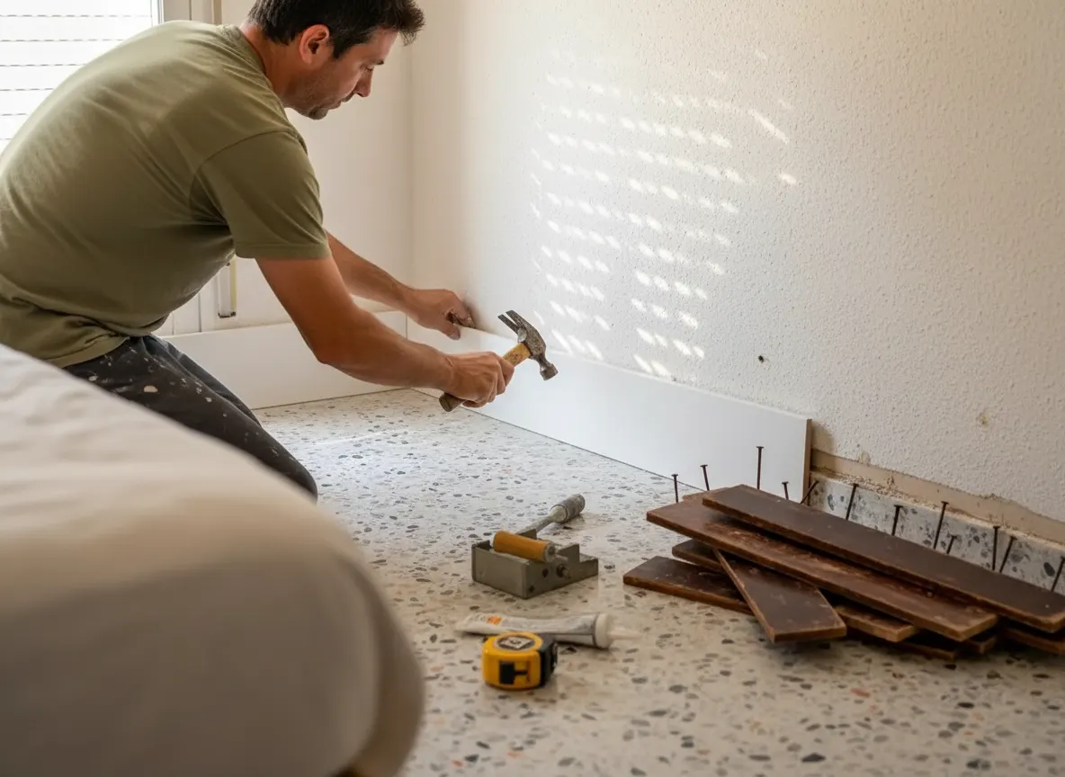 Rodapié blanco lacado nuevo a medio clavar a lo largo de una pared de gotelé, con el rodapié viejo de madera oscura arrancado y apoyado en el suelo de terrazo