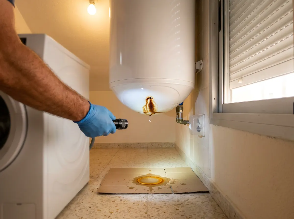 Base de un termo eléctrico con una mancha de óxido y una gota de agua cayendo desde la cuba