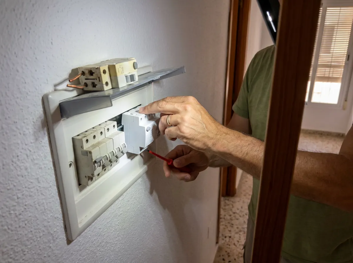 Mano de un electricista encajando un interruptor diferencial nuevo en el carril de un cuadro eléctrico abierto, con el diferencial viejo y amarillento apoyado al lado