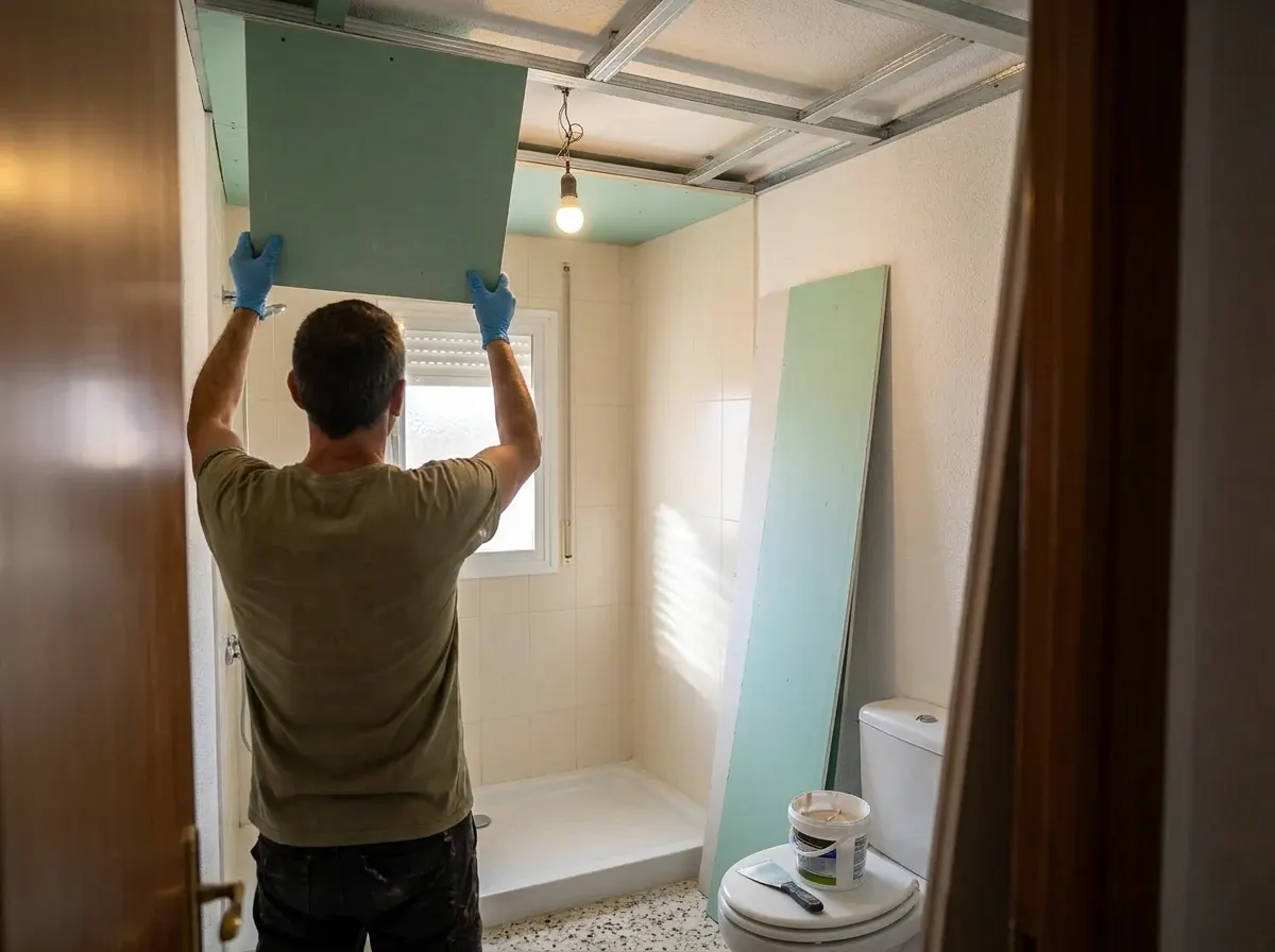 Placas de pladur verdes hidrófugas atornilladas en el techo de un baño alicatado junto a una placa blanca normal apoyada en la pared