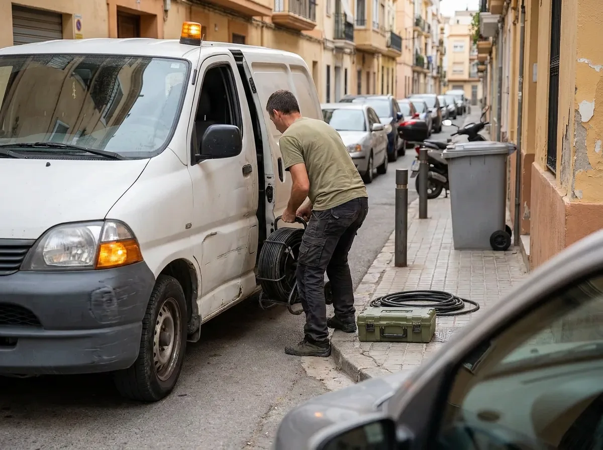 Furgoneta de fontanería aparcada en una calle estrecha de casco antiguo mientras alguien descarga herramienta