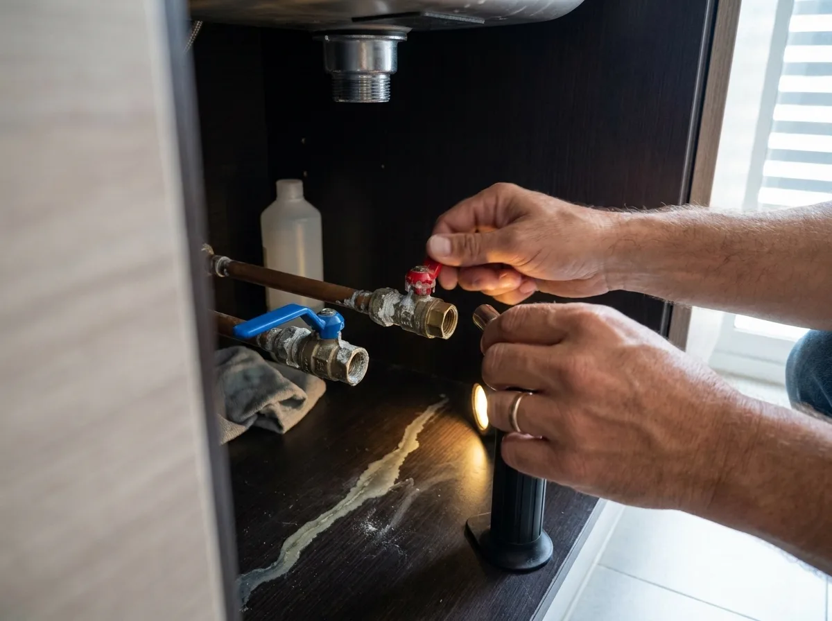 Mano cerrando la llave de paso del agua dentro del mueble bajo el fregadero