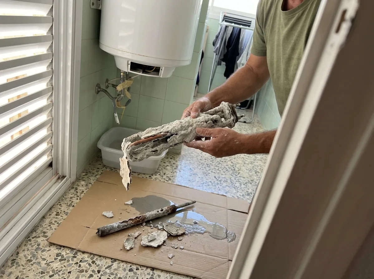 Resistencia de un termo eléctrico cubierta de cal blanca junto a un ánodo de magnesio consumido