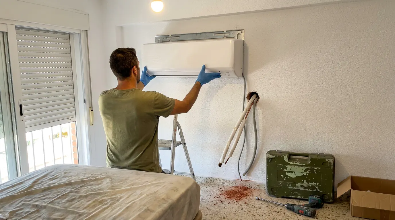 Hombre colgando la unidad interior de un split en la pared de un dormitorio, con los tubos de cobre asomando por el agujero del muro