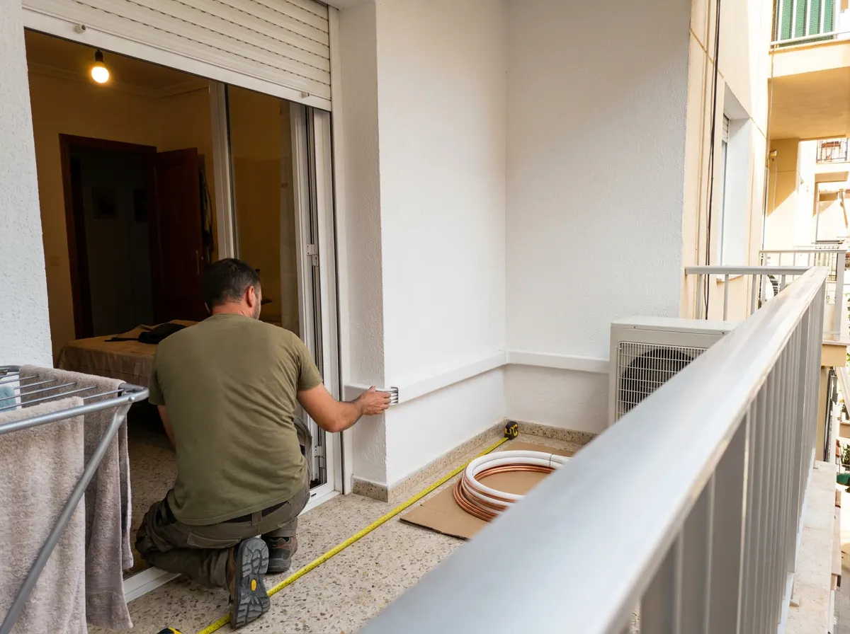 Instalador midiendo con un metro la canaleta blanca que lleva la línea desde la puerta del dormitorio hasta la unidad exterior del balcón, con un rollo de tubo de cobre en el suelo