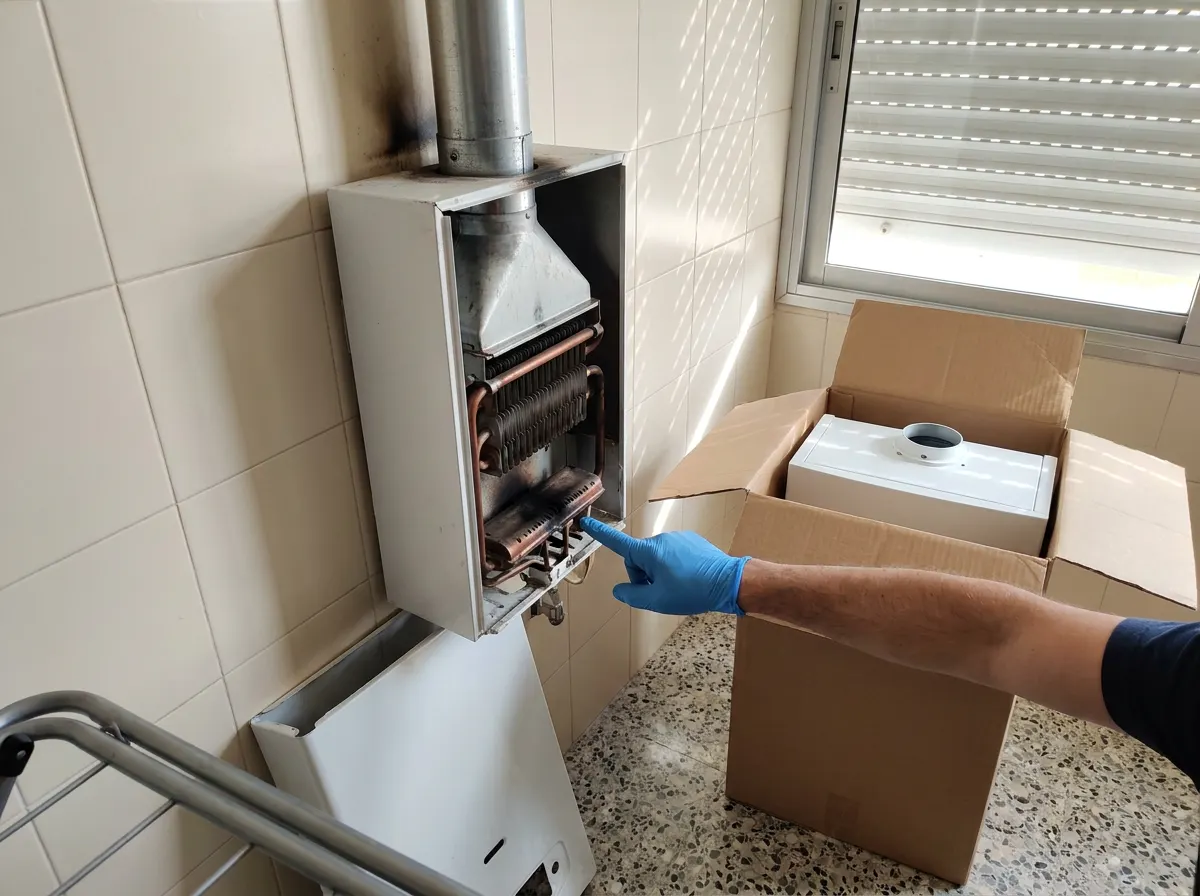 Calentador de gas atmosférico viejo con la carcasa quitada, quemador con hollín y una chimenea de aluminio abierta encima, junto a uno estanco nuevo en su caja
