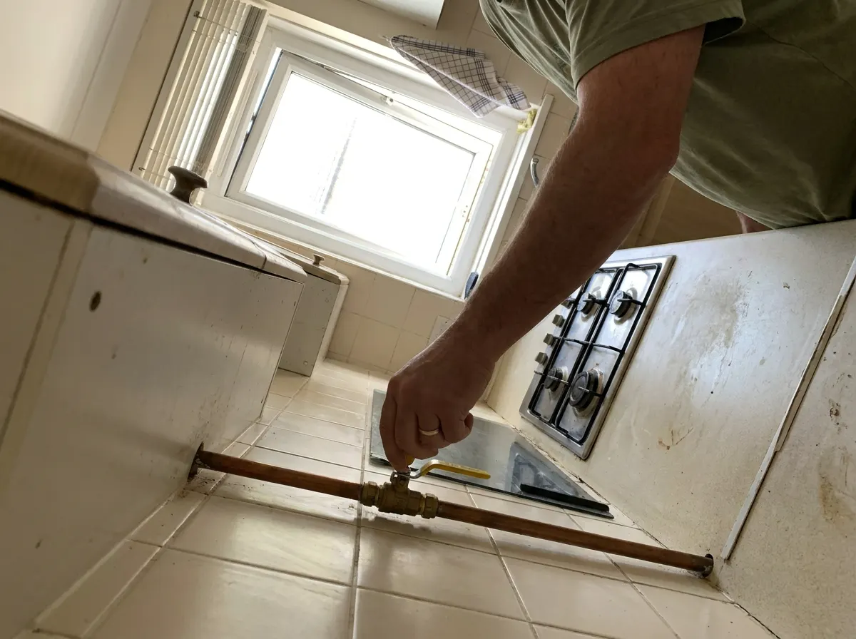 Mano girando la manilla amarilla de la llave de paso del gas de la tubería de cobre, con la ventana de la cocina abierta al fondo y la placa de gas apagada