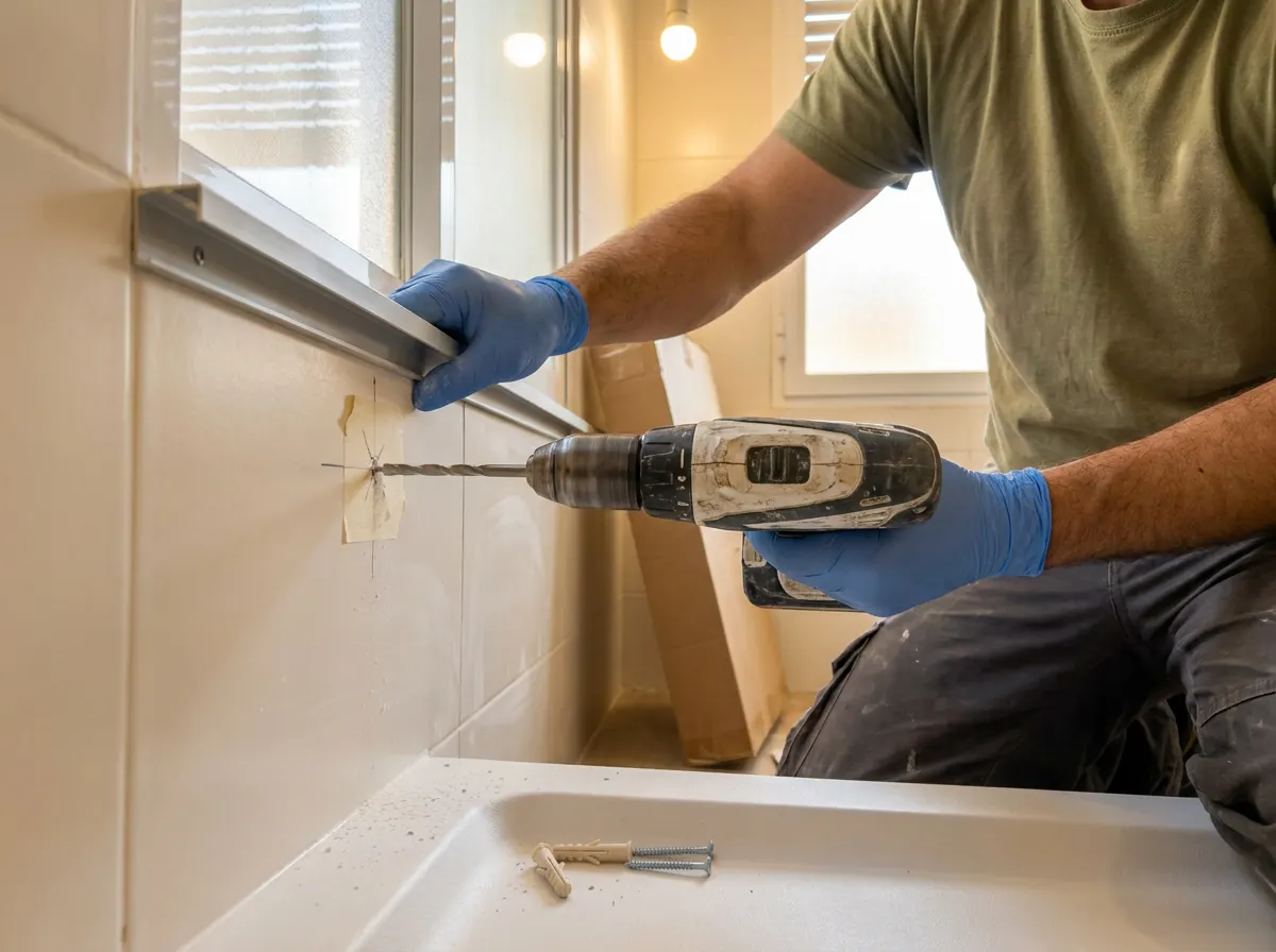 Taladro con broca para azulejo apoyado en una marca de lápiz sobre un azulejo crema, con cinta de carrocero alrededor del punto
