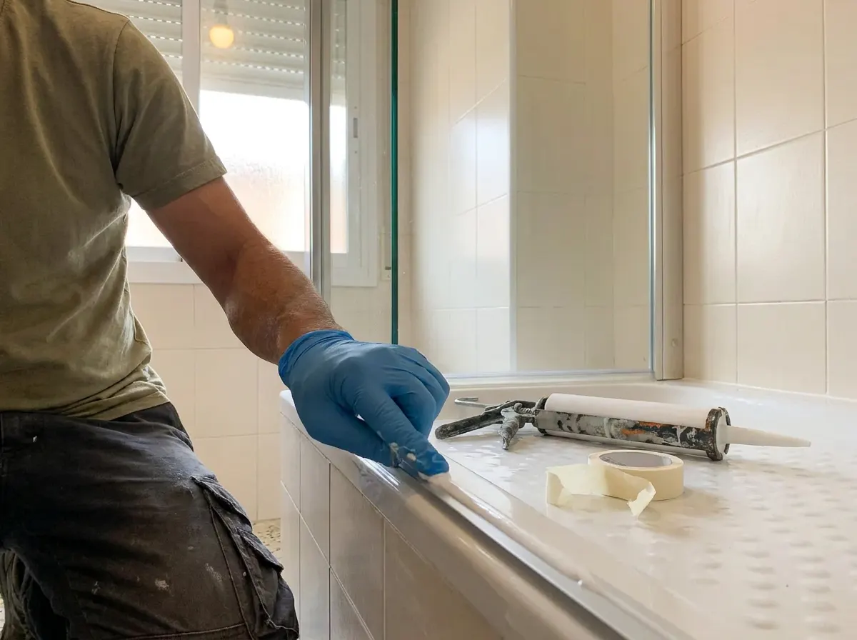 Mano con guante azul alisando la silicona en el borde del plato de ducha, bajo la mampara ya montada, con la pistola de silicona y la cinta de carrocero al lado