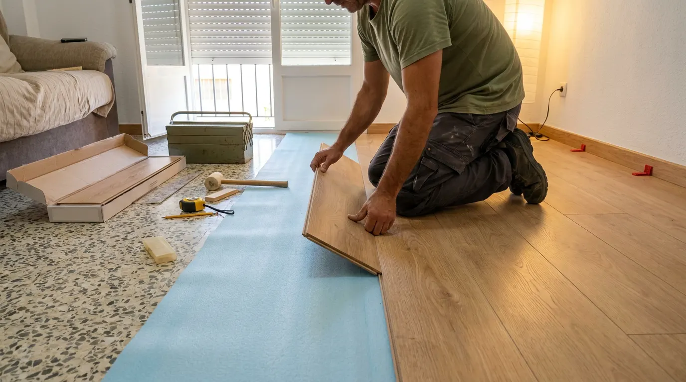 Hombre encajando una tabla de suelo laminado color roble sobre una lámina de espuma extendida encima del terrazo de un salón