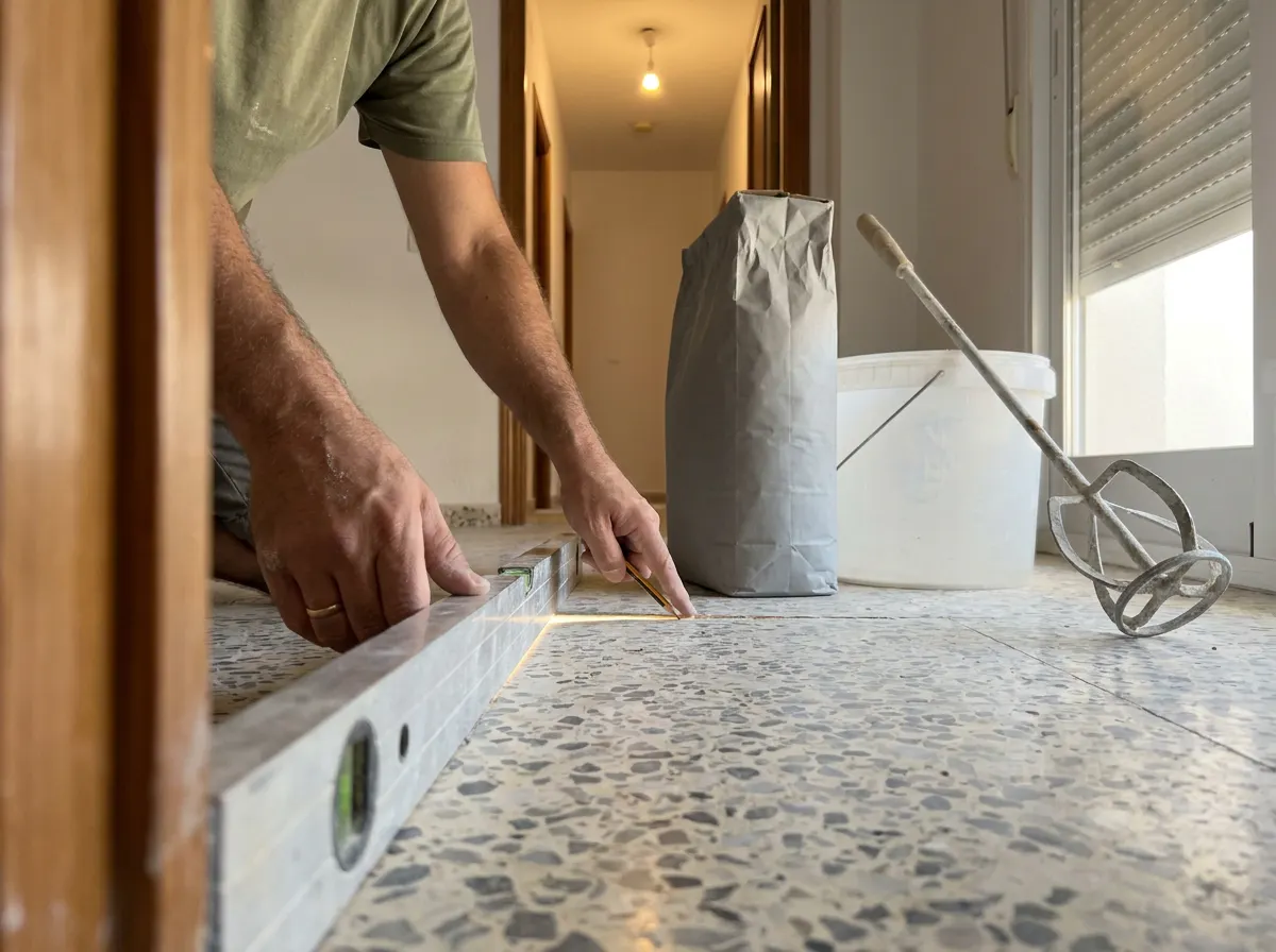 Nivel largo de aluminio apoyado sobre un suelo de terrazo con una rendija de luz debajo, y al fondo un saco de mortero autonivelante, un cubo y una batidora