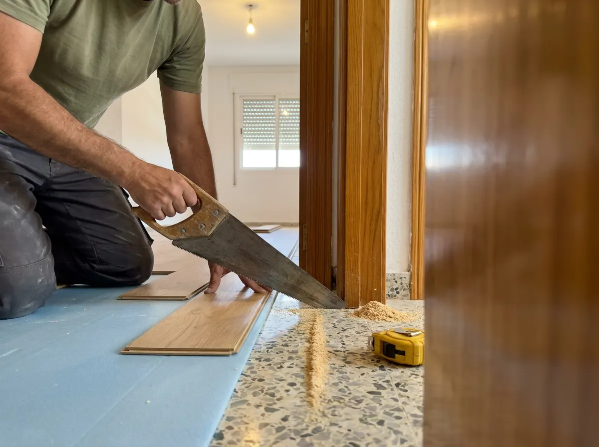 Hombre de rodillas serrando la parte baja del marco de una puerta a ras del suelo, junto a las tablas de laminado y la espuma, con serrín sobre el terrazo
