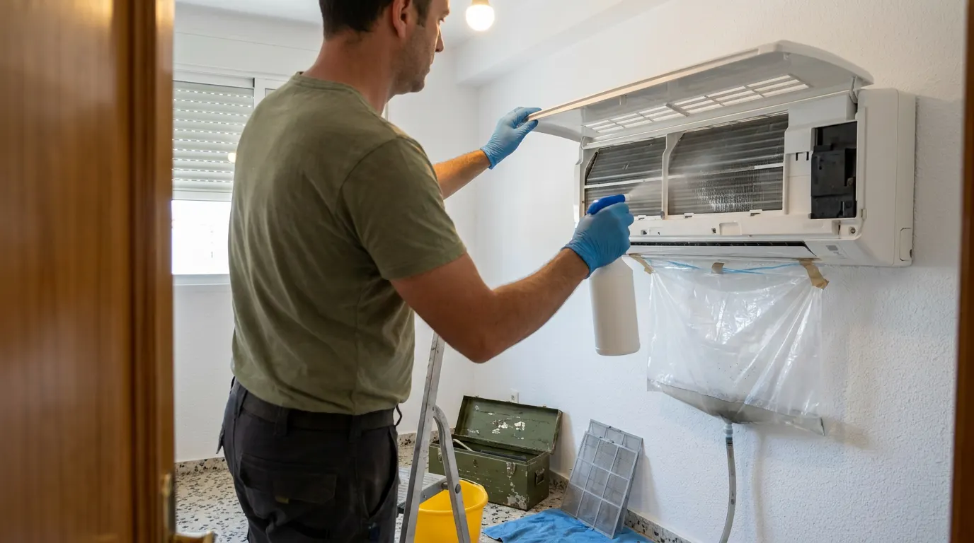 Hombre con guantes azules limpiando con un pulverizador la batería de aletas de un split abierto en la pared de un dormitorio, con una bolsa colgada debajo para recoger el agua