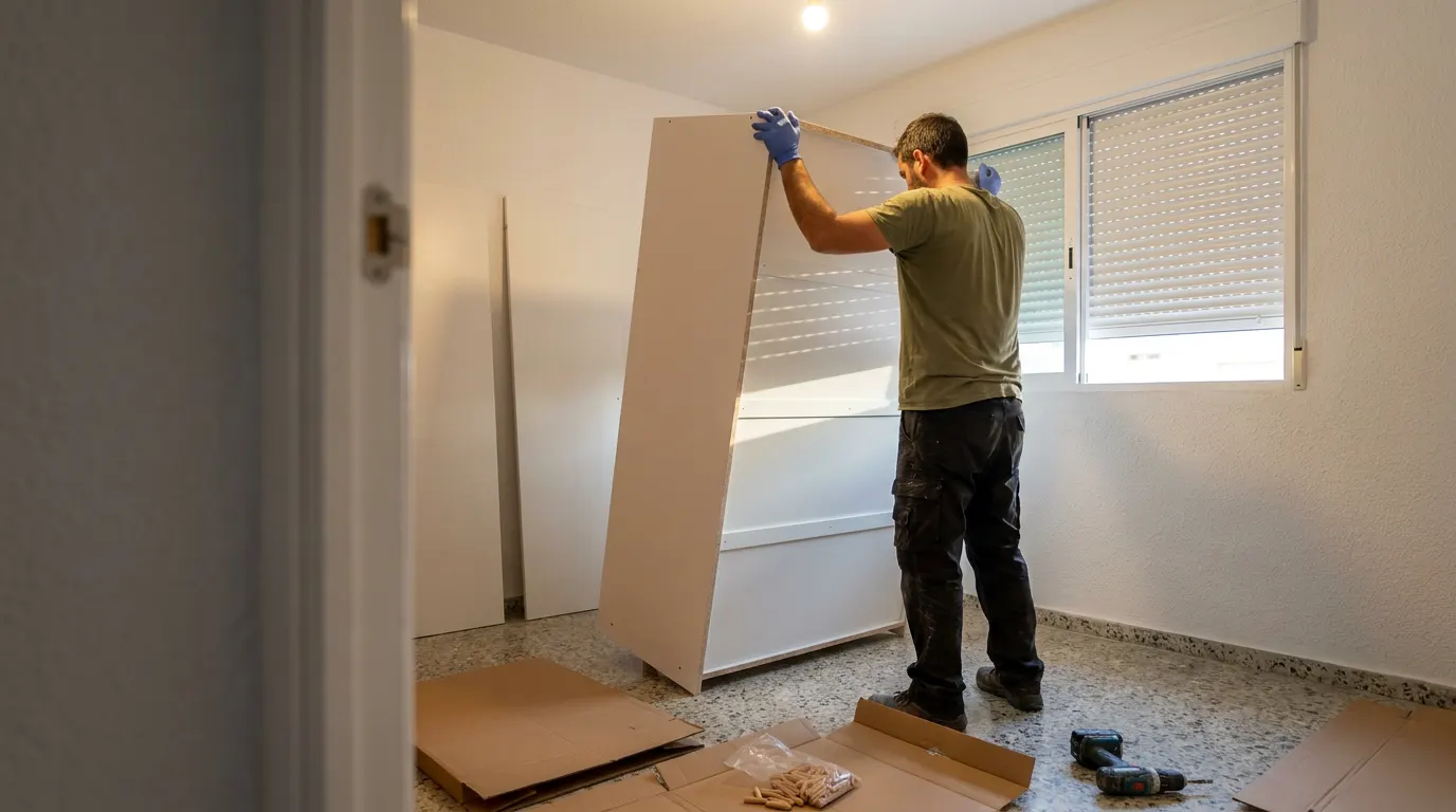 Hombre levantando la estructura blanca de un armario alto recién montada en un dormitorio con cajas de cartón por el suelo