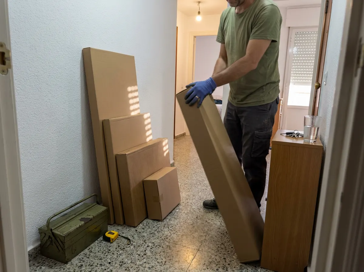 Montador juntando varias cajas planas de muebles en el pasillo de un piso antes de empezar a montarlas