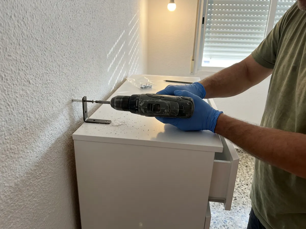 Mano atornillando a la pared de gotelé la escuadra metálica antivuelco de una cómoda de cajones recién montada