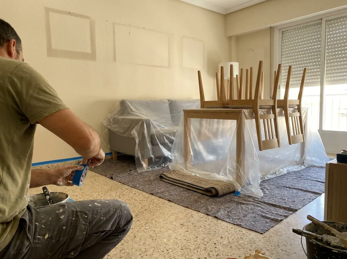 Sofá, mesa y sillas agrupados en el centro de un salón y tapados con plástico, con cinta de pintor en el rodapié