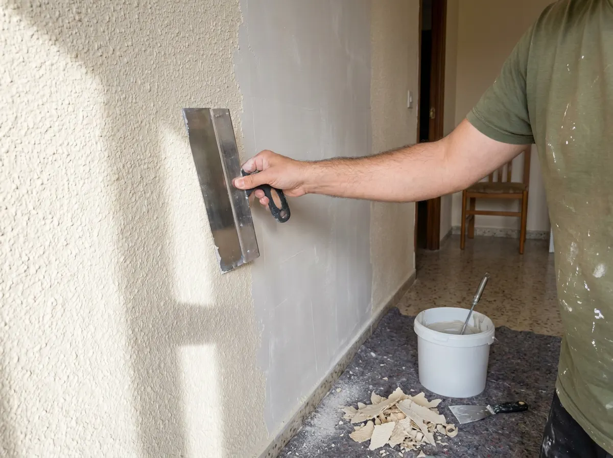 Pared con la mitad del gotelé rascado y la otra mitad todavía con relieve, junto a una llana y un cubo de pasta de alisar