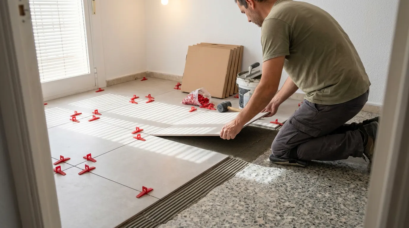 Hombre colocando una baldosa grande de porcelánico gris claro sobre cemento cola peinado, con cuñas niveladoras rojas entre las piezas ya puestas