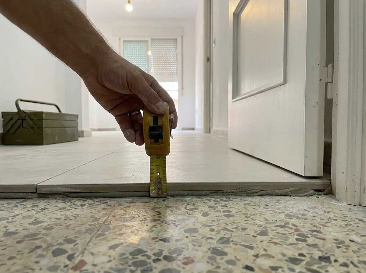 Suelo de terrazo antiguo en un pasillo, con una franja ya cubierta de baldosas de porcelánico nuevas encima y el escalón visible en el borde