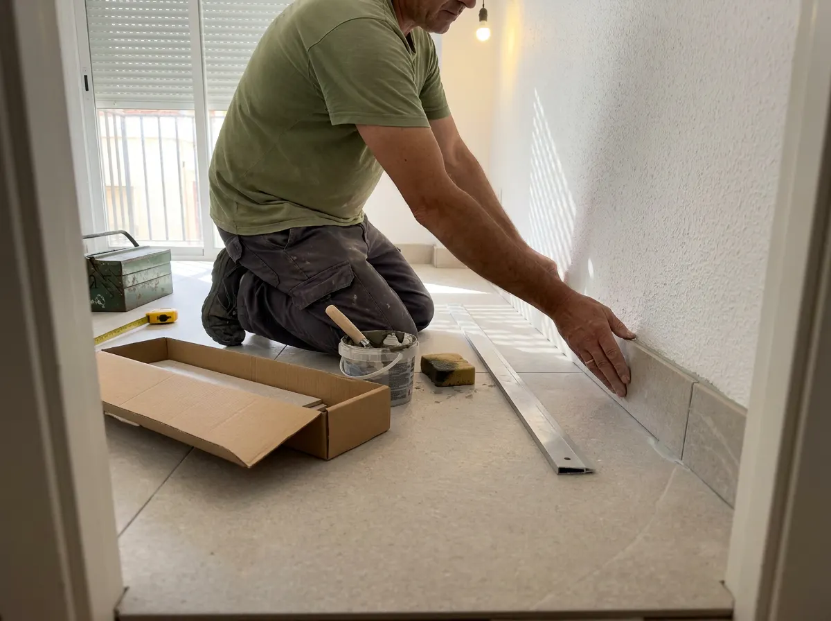 Rodapié cerámico recién colocado a lo largo de una pared blanca, con una regla y una caja de piezas de rodapié junto a la pared
