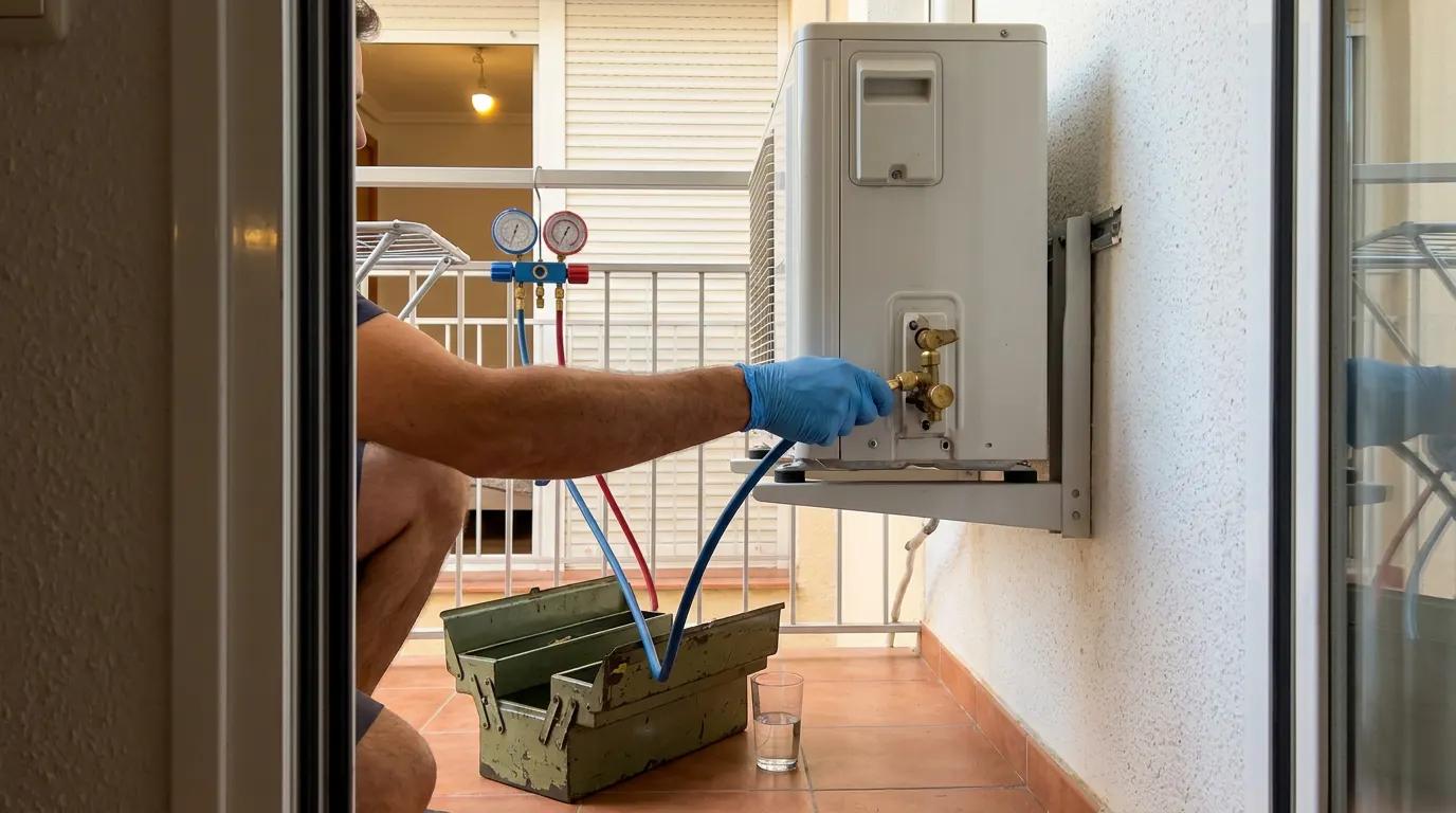 Técnico con manómetros conectados a la válvula de servicio de la unidad exterior de un aire acondicionado en un balcón