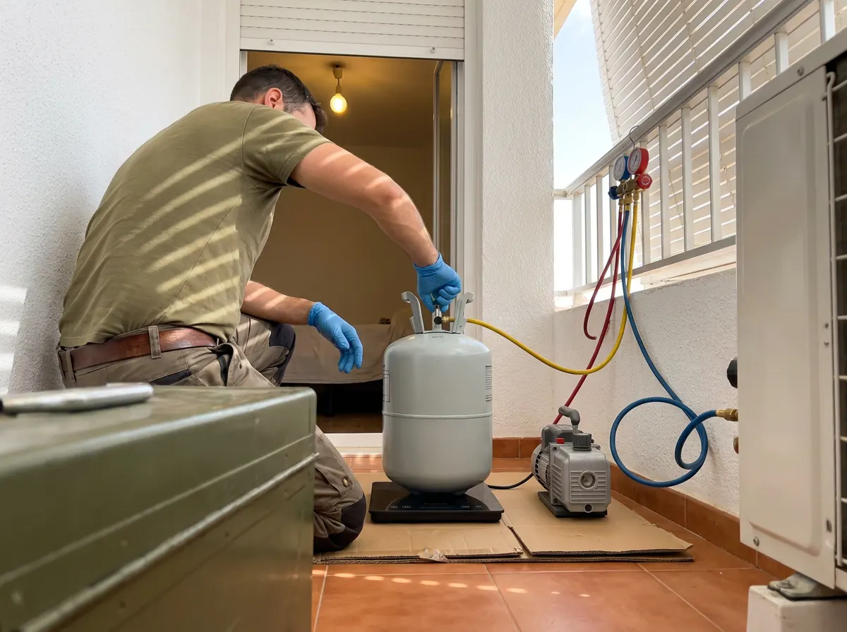 Bombona de gas refrigerante sobre una báscula digital junto a una bomba de vacío conectada a la unidad exterior