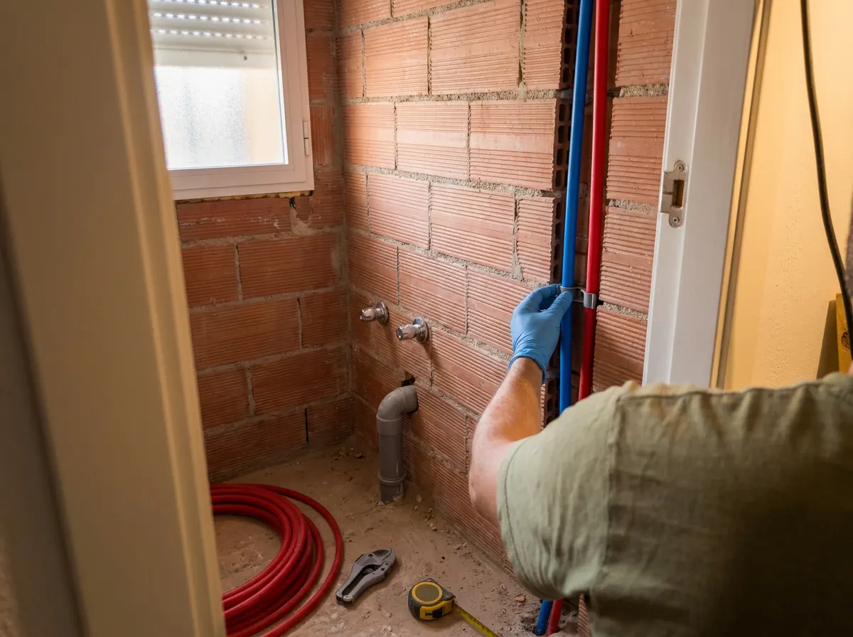Tubos nuevos de agua fría y caliente, uno rojo y uno azul, sujetos a la pared de ladrillo de un baño antes de alicatar