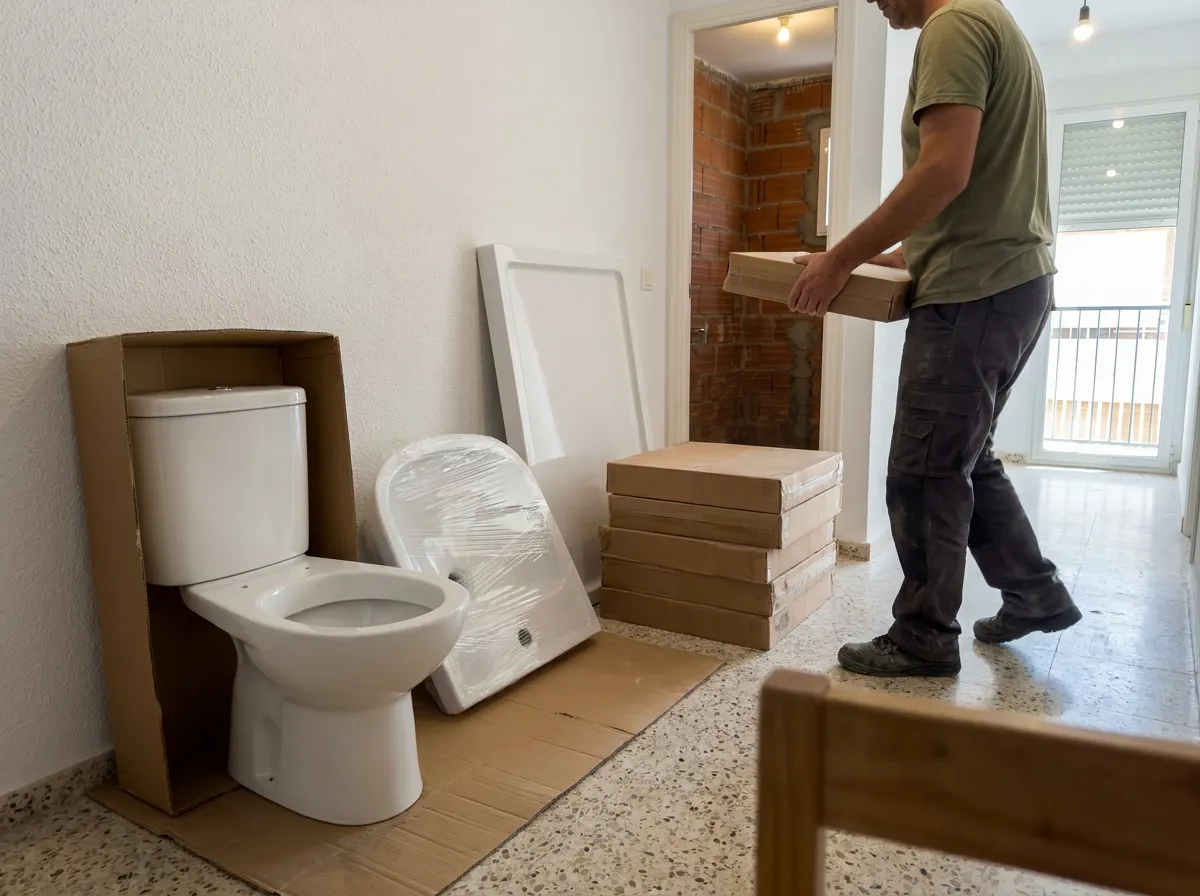 Inodoro, lavabo y plato de ducha nuevos embalados en el pasillo de un piso junto a cajas de azulejo