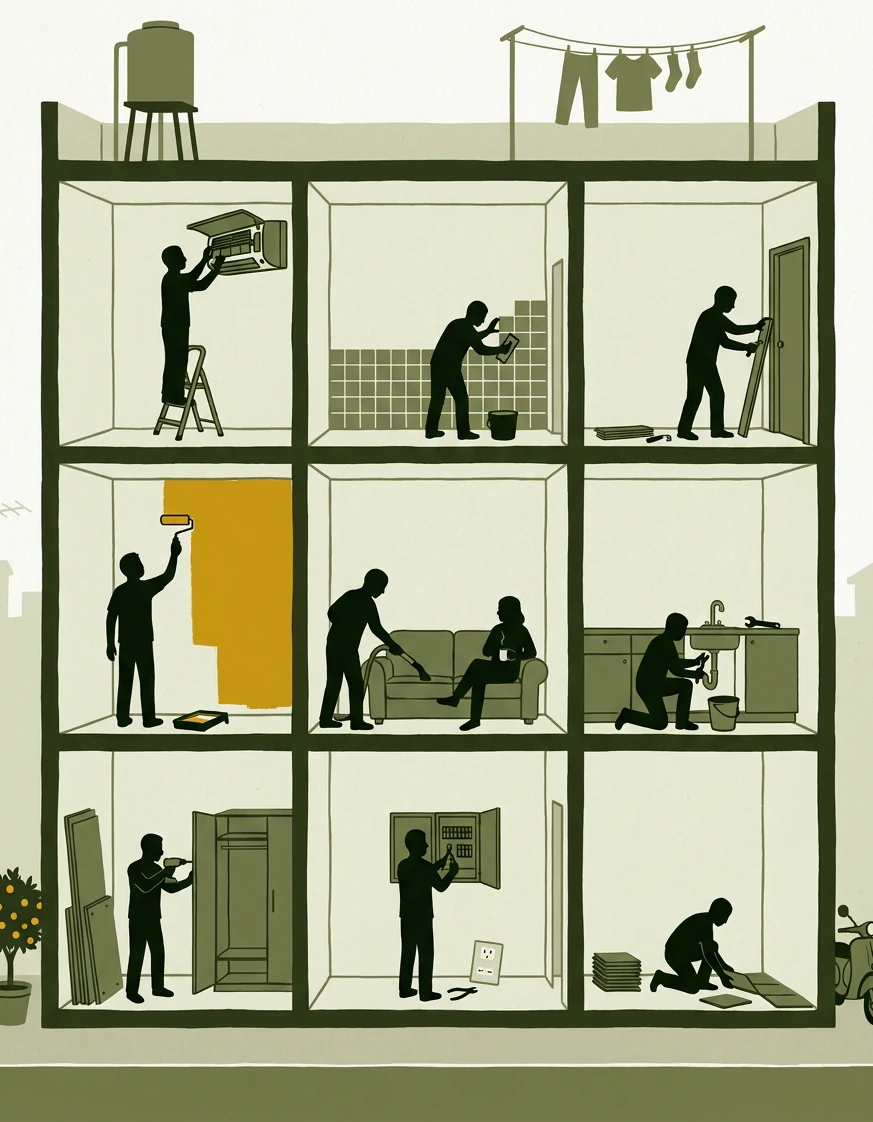 Il·lustració d’un edifici de València en secció: en cadascuna de les huit habitacions un professional fa una faena diferent: pintura, neteja, fontaneria, aire condicionat, muntatge de mobles, electricitat i enrajolat