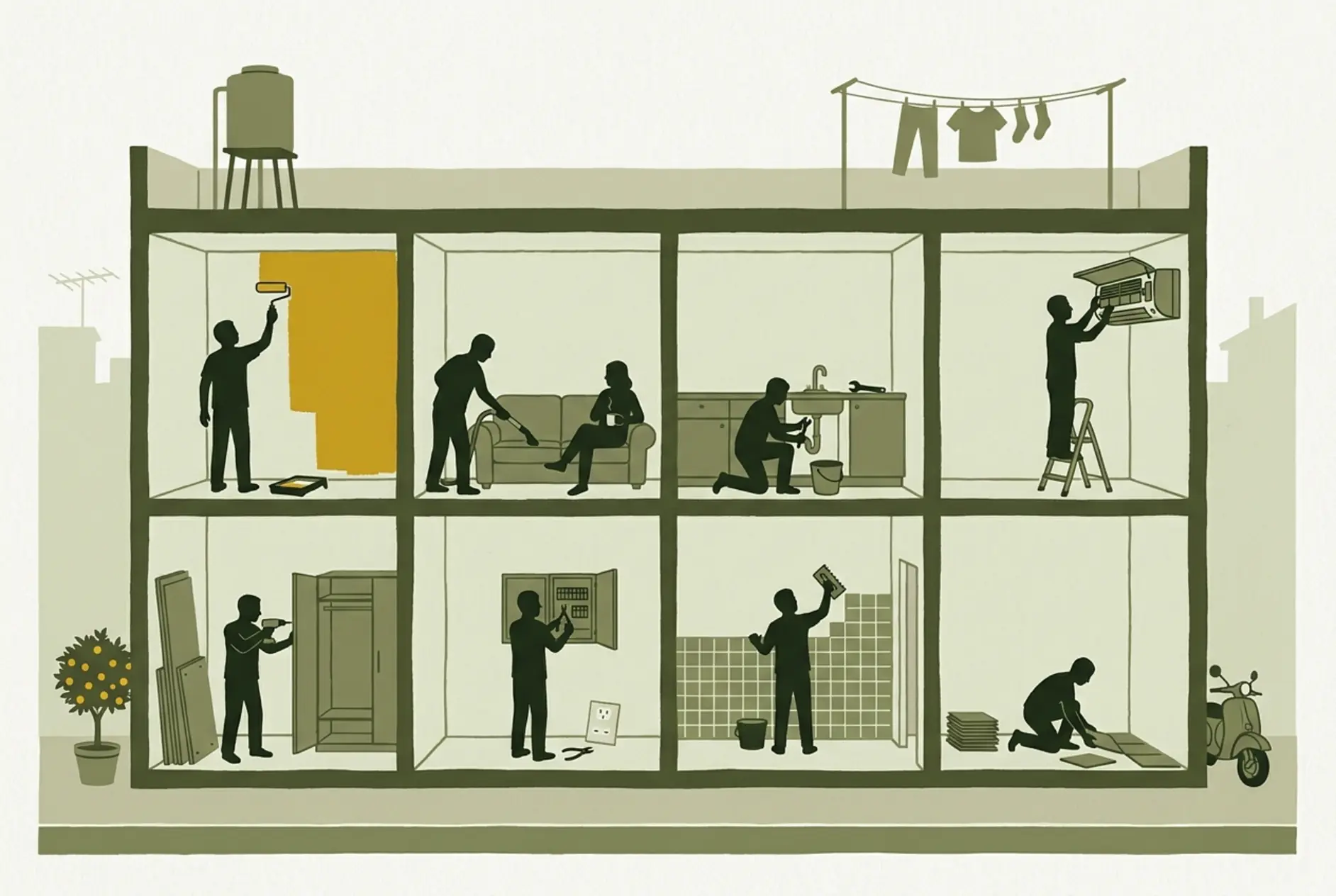 Ilustración de un edificio de Valencia en corte: en cada una de las ocho habitaciones un profesional de Octo Service hace un trabajo distinto — pintura, limpieza, fontanería, aire acondicionado, montaje de muebles, electricidad y alicatado
