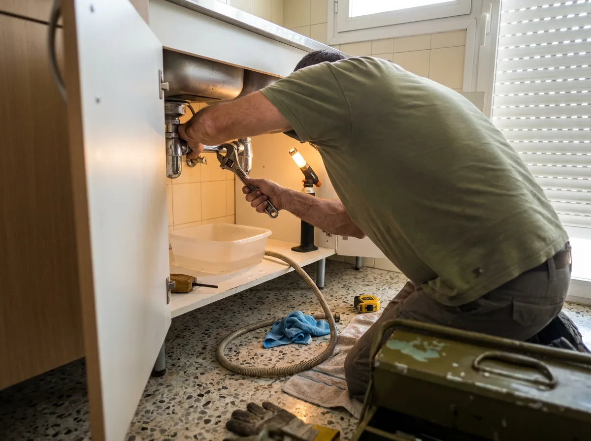Plumber fixing the trap under a kitchen sink