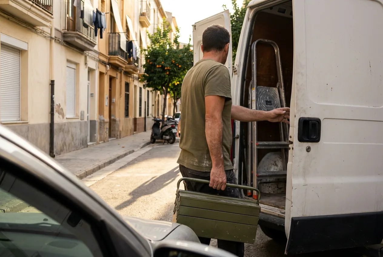 Profesional cargando su caja de herramientas en la furgoneta en una calle de Valencia