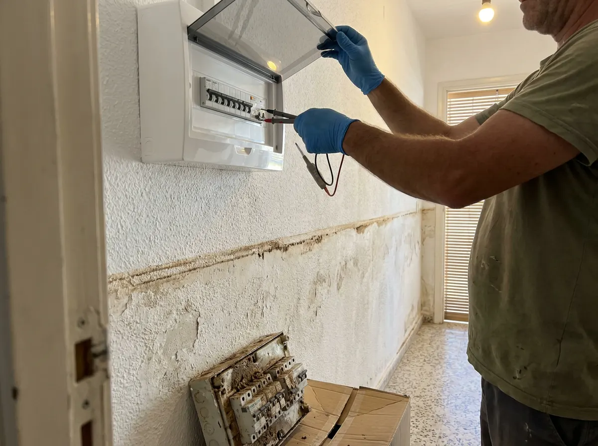Cuadro eléctrico nuevo en la pared de una planta baja con la marca seca del barro de la riada a media altura, y el profesional comprobando un circuito