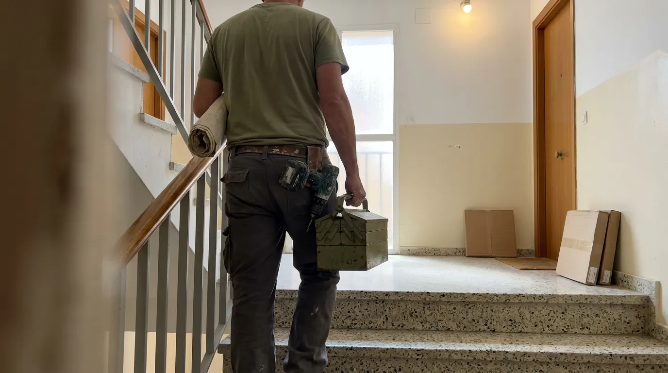 Profesional con caja de herramientas subiendo la escalera de un bloque de pisos de los años setenta en Burjassot