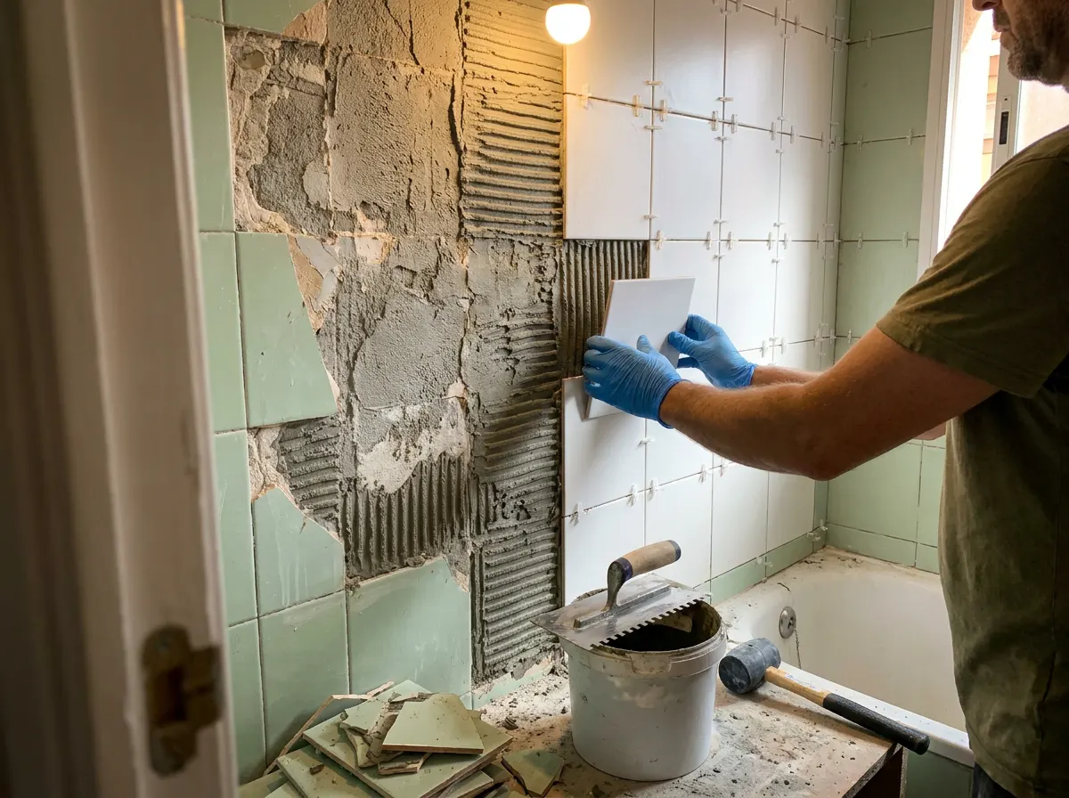 Baño de un piso antiguo a medio reformar: azulejo viejo arrancado en una pared y el profesional colocando azulejo nuevo en la otra